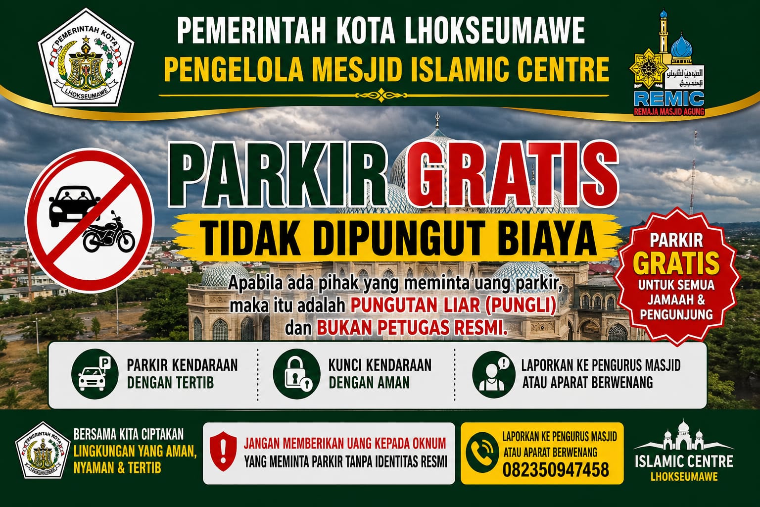 Parkir Gratis Di Masjid Agung Islamic Center Kota Lhokseumawe